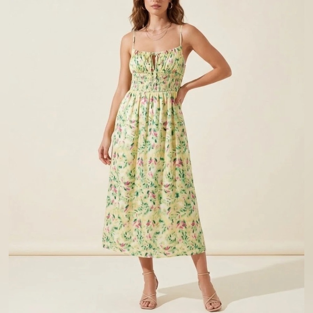 ASTR The Label Ruched Cutout Satin Midi Dress Size Medium Yellow Green